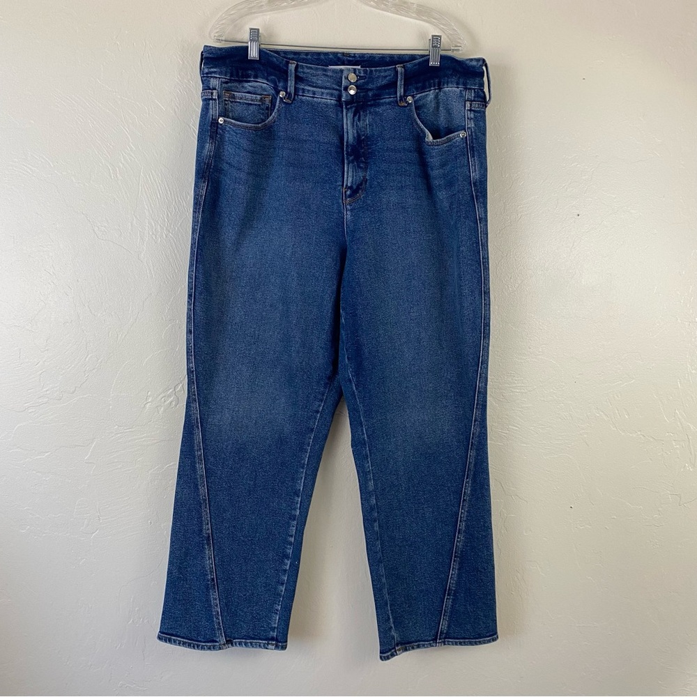 Good American Size 16 Dark Blue High Waisted Cropped Straight Leg Denim Jean
